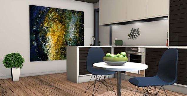 Apartments in Jersey Village A 3D rendering of a kitchen in an apartment in Jersey Village, TX, with a painting on the wall.